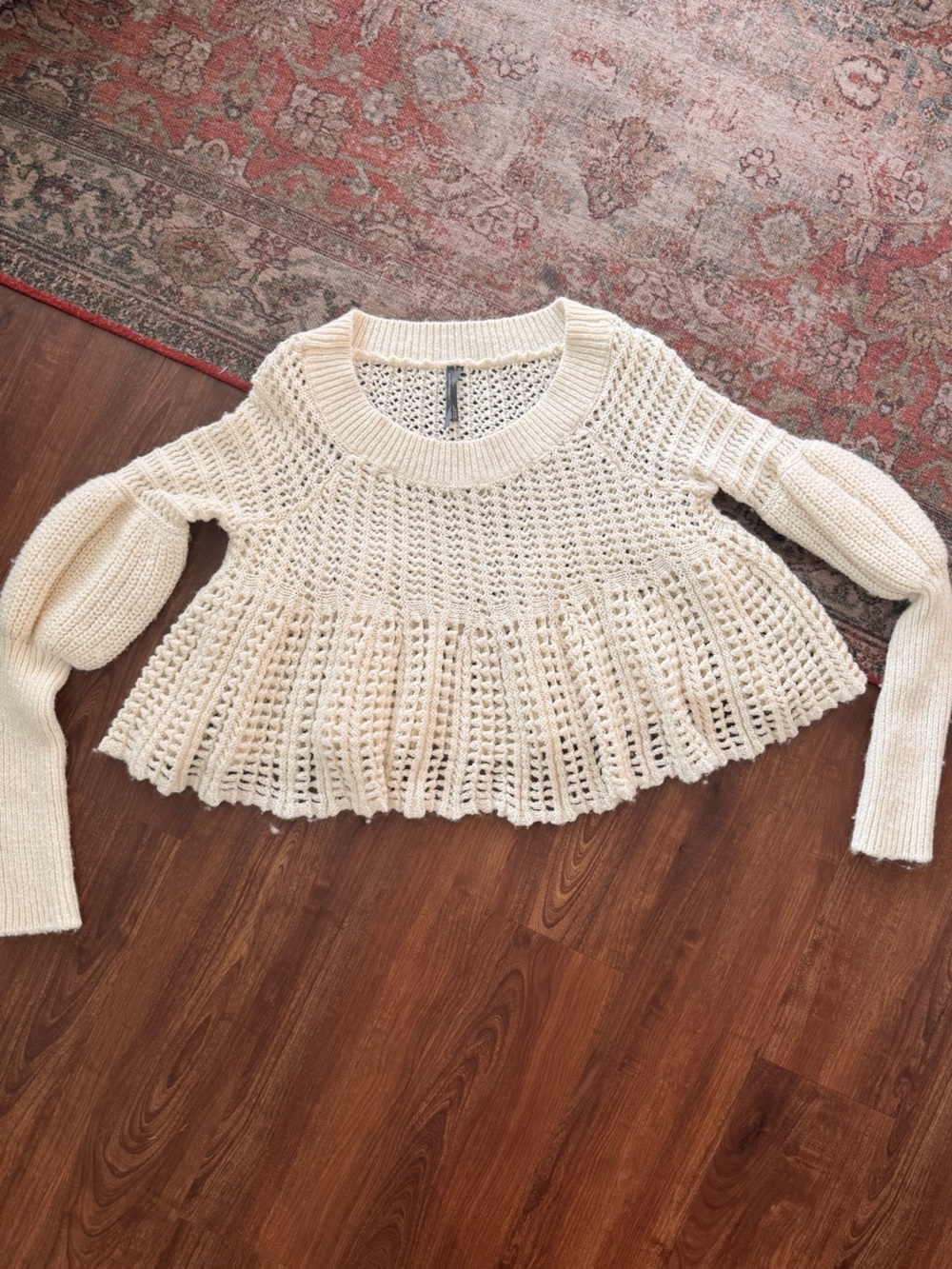 Anthropologie Cream Open-Knit Peplum Crew Sweater